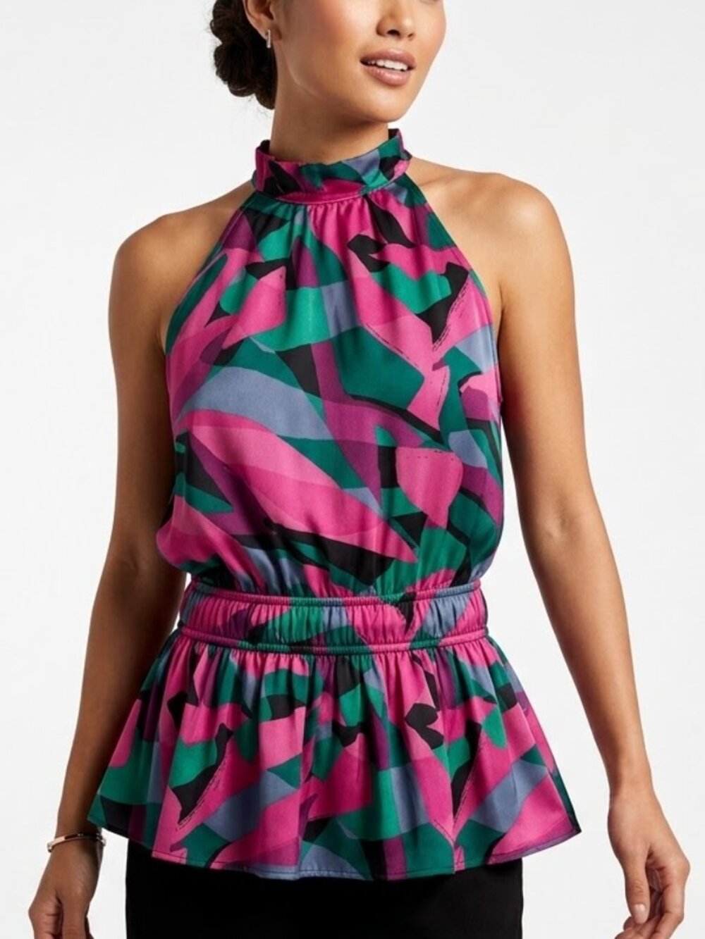 Nine West Abstract Geometric Halter Peplum Blouse XL